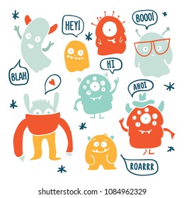 Set of cute cartoon monsters and ghosts characters doodles colorful vector illustrations