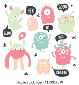 Set of cute cartoon monsters and ghosts characters doodles colorful vector illustrations