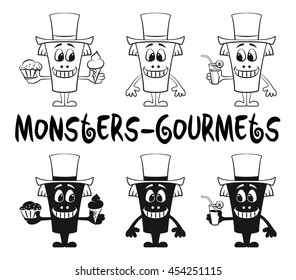 Set of Cute Cartoon Monsters Gourmets, Black Contour and Silhouette Characters in Toppers, Smiling and Eating Juice and Food, Elements for Your Design, Prints and Banners, Isolated on White. Vector