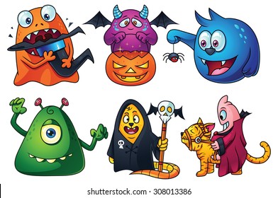 A Set Of Cute Cartoon Monsters For Halloween: Creature Eating Witch Hat, Trick Or Treat Monster, Monster Found A Spider, Green Monster Trying To Scare You, Secret Society Beast, Monster Riding A Cat.