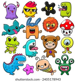 Set of Cute Cartoon Monsters isolated on a white background