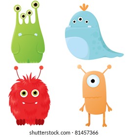 A set of cute cartoon monsters showing different emotions.