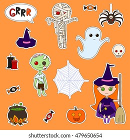 Set of cute cartoon monsters and a variety of items for Halloween. Print pins, badge, sticker. Halloween patch badges. Vector stickers kit.