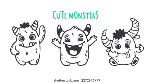 Set of cute cartoon monsters.Funny characters on white background.Icon monster.Doodle style.Alien.Vector illustration