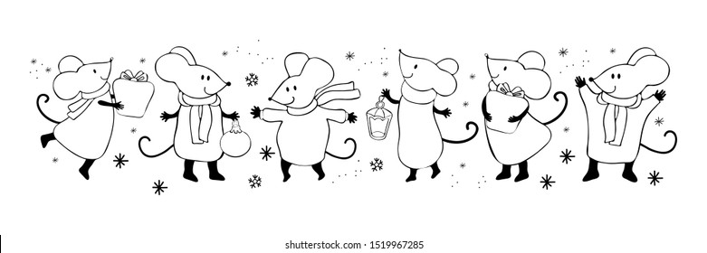 Set of cute cartoon mouse in vector. Chinese symbol 2020 new year.  Illustration for design on the theme of Christmas and New year. Hand-drawn black and white line. Doodle
