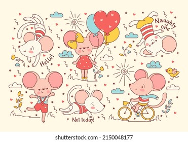 Set Of Cute Cartoon Mouses. Doodle Vector Illustration. Print For Fashion Kids Wear, T Shirt, Tee. Quirky Fun Characters For Baby Shower Card For Birthday Invitation.