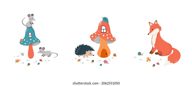 Set of cute cartoon mouses, hedgehog and fox print. Childish print for nursery, kids apparel,poster, postcard. 