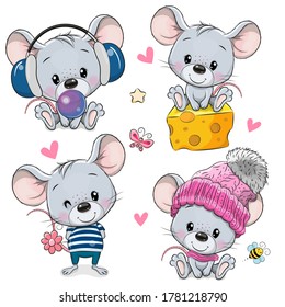 Set of Cute Cartoon Mouses isolated on a white background