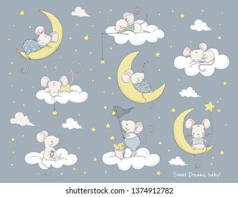 Set of cute cartoon mouses. Cartoon vector illustration. Use for print design, surface design, fashion kids wear, baby shower