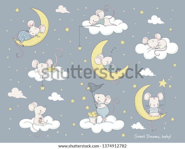 Set of cute cartoon mouses. Cartoon vector\
illustration. Use for print design, surface design, fashion kids\
wear, baby shower
