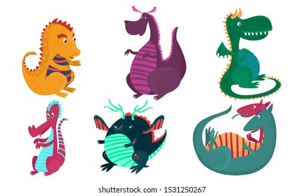 Set of cute cartoon multi colored dragons. Vector illustration.