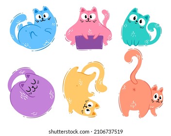 A set of cute cartoon multi-colored cats.  Blue, orange, yellow, purple, pink and green. Funny cats sitting, lying down, playing, sleeping. Happy pet. Vector illustration isolated on white background.