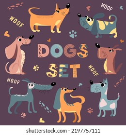 A set of cute cartoon multi-colored dogs on a purple background with dog paw prints, hearts, the words "woof" and the inscription "DOGS SET". Vector illustration in a flat style.