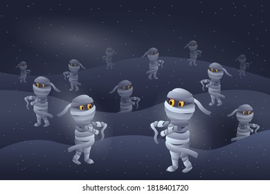 "Set of cute cartoon 
mummies on 
gray night. Happy Halloween."