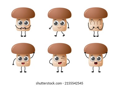 Set of cute cartoon mushroom vegetables vector character set isolated on white background