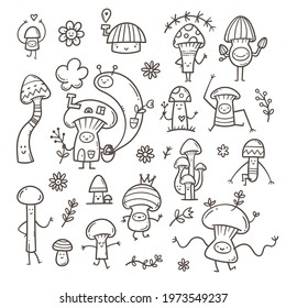 Set with cute cartoon mushrooms. Funny characters collection. Doodle plant poster.