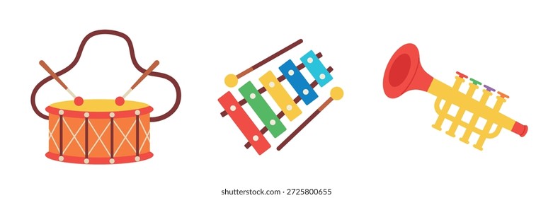 Conjunto de ilustrações de instrumentos musicais de desenhos animados bonitos, incluindo um tambor com bastões, um xilofone colorido e um trompete amarelo, em um estilo de vetor plano.