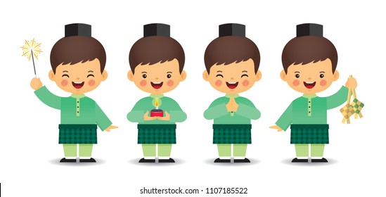 Set of cute cartoon muslim boy in different pose isolated on white background. Flat vector design.