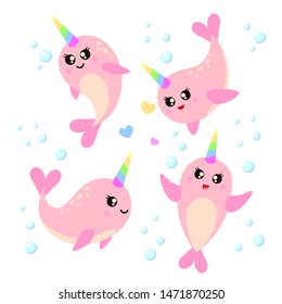 Set of cute cartoon narwhals. It's a girl