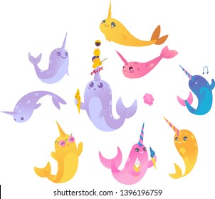 Set of cute cartoon narwhals with ice creams, isolated vector illustration on white background.