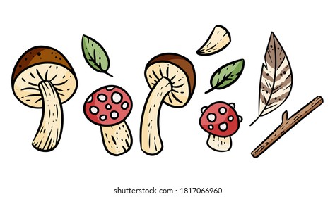 Set of cute cartoon nature elements. Comic style graphic symbols. Mushrooms, leaves and nature gifts. Rpg game assets illustrations.