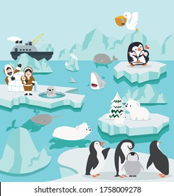 Set of cute cartoon North pole Arctic on icebergs background