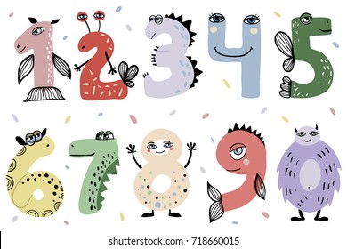 Set of cute cartoon number monsters. Flat style design. Funny monsters for children studying. Collection of numerals for kids learning counting or mathematics. 