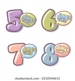 Set of cute cartoon numbers Countdown sign timer counter. Number Days to go, from Five to Eight. With Pastel Colour Collection of numbers isolated on a white background. Vector illustration.