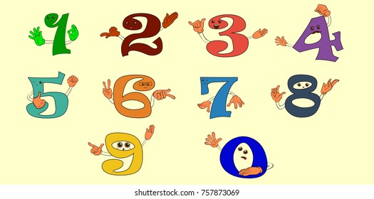 Set of cute cartoon numbers with hands and faces