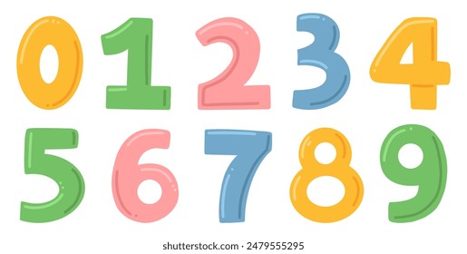 Set of cute cartoon numbers from zero to nine. Collection of numbers isolated on a white background. Vector illustration.