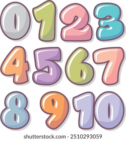 Set of cute cartoon numbers from zero to Ten. With Pastel Colour Collection of numbers isolated on a white background. Vector illustration.