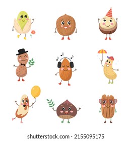 Set of cute cartoon nuts on white background. Vector illustration.