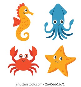 Set of cute cartoon octopus, seahorse, starfish, squid, crab. Vector illustration