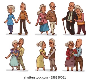 Set of cute cartoon old couples. They live together all their lives. They love together very much. Their love can lives forever. Done in cute hand drawn style.  vector illustration