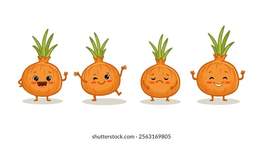 set of Cute cartoon onion characters with emotions. Cute onion with smile isolated on white background. Onion in different poses. Vector illustration.
