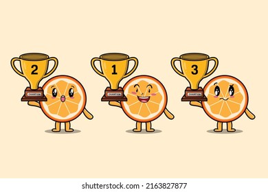 Set of cute cartoon orange fruit holding trophy with happy expression in 3d modern style design