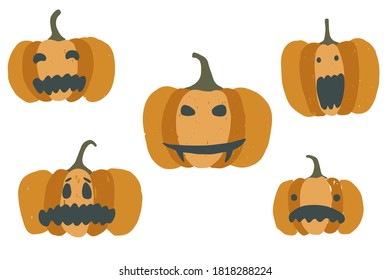 Set of cute cartoon orange vector jack-o-lanterns. Collection of scary Halloween pumpkins for greeting cards design, stickers, banners decor