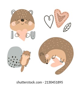 Set with cute cartoon otters, heart, i love you phrase and abstract elements on white background. Hand drawn animals vector illustration.