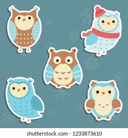 Set of cute cartoon owl. Christmas theme.