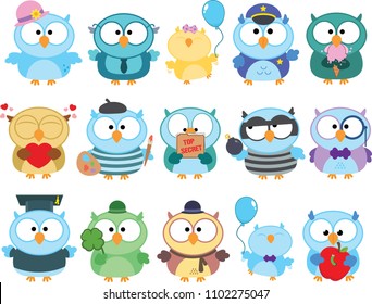 Set of Cute Cartoon Owl Clipart.