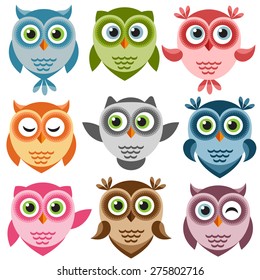 Set of cute cartoon owls