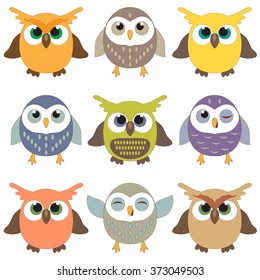 Set of cute cartoon owls
