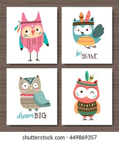 Set of cute cartoon owls