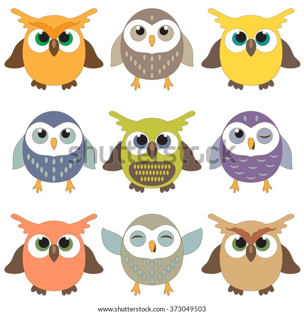 Set Cute Cartoon Owls Stock Vector (royalty Free) 373049503