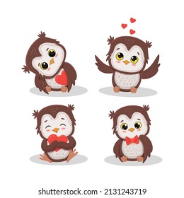 Set of cute cartoon owls character with different poses and emotions.Owlet with heart.Vector illustration