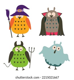 Set of cute cartoon owls in costumes: witch, ghost, Dracula, vampire and devil. Kit of cliparts for Halloween.