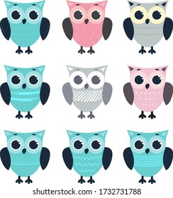 Set of cute cartoon owls in different style and color  on white background
