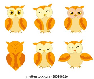 A set of cute cartoon owls with different expressions. Vector illustration.