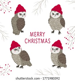 Set of cute cartoon owls in hats. Merry Christmas vector illustration.