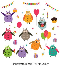 A set of cute cartoon owls with holiday elements: balloons, candles, gifts, sweets, cake, flowers, garlands, flags, Vector flat illustration. Isolated elements.